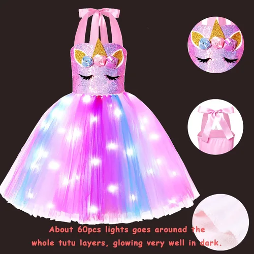 Vista 2 de KAKALVER Unicorn Dress for Girls Unicorn Costume LED Light Up for Dress up Halloween Birthday Party Decoration Unicorn Gifts