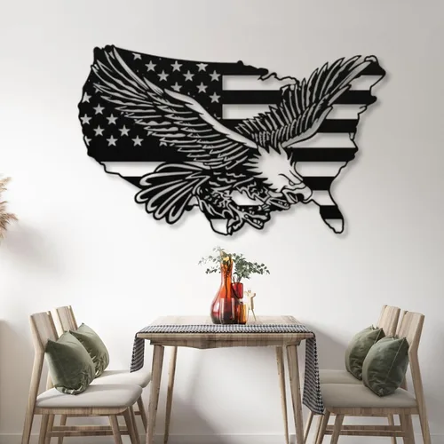 Vista 2 de Arte de pared de metal con águila de águila, arte de pared de metal con águila calva, decoración de pared de águila de metal de gran tamaño, bandera