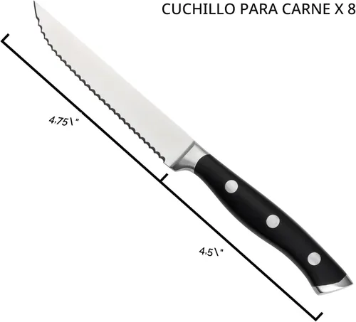 Vista 4 de Alata Juego de cuchillos para carne de 8 piezas, 4.7 pulgadas con borde dentado, cuchillos afilados para cena, construcción de espiga completa Negro