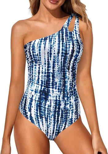 Vista 35 de Women's One Shoulder One Piece Tummy Control Swimsuit Full Coverage Diseño de ojo de cerradura, ajuste de cobertura completa, estilo modesto Negro