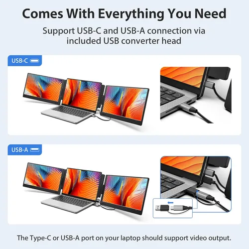 Vista 8 de KYY - Monitor portátil triple para portátil, extensor de pantalla USB-C FHD 1080P de 14'', pantalla IPS de computadora, pantalla triple, monitor