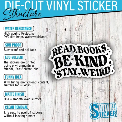 Vista 4 de (3 unidades) - Calcomanías de lectura con texto en inglés "Be Kind Stay Weird", calcomanía de vinilo troquelado impermeable de 2 pulgadas