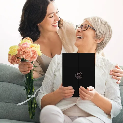Vista 9 de DARUNAXY Decoraciones de fiesta de 50 cumpleaños en oro rosa para mujeres, libro de firmas alternativo de feliz 50 cumpleaños, tarjeta de firma
