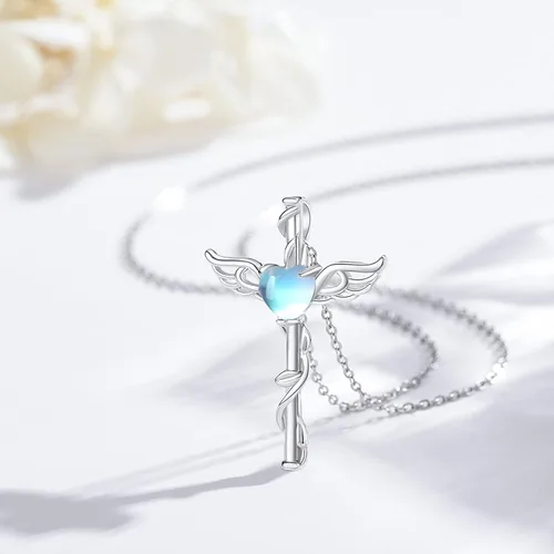 Vista 3 de Angel Necklace 925 Sterling Silver OpalMoonstoneBlue Crystal Angel Wings Cross Urn Pendant Necklace Hypoallergenic Moonstone Angel Cross Pendant