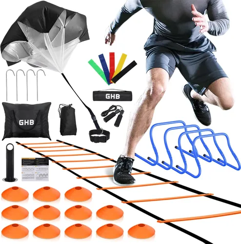 Vista 11 de GHB Agility Ladder,Football Training Equipment Set,4 Agility Hurdles, 20 feet12 Rungs Speed Ladder,12 Disc Cones,Resistance Parachute, Jump Rope, 5
