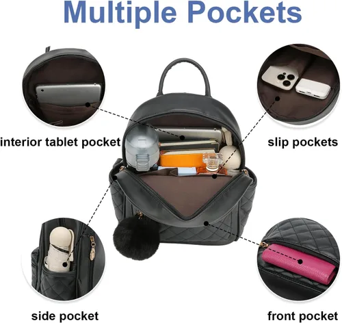 Vista 5 de Mini mochila de moda para niñas, bolso pequeño lindo de cuero a cuadros para mujer, mochilas pequeñas, Negro -, Mini mochila de moda para niñas