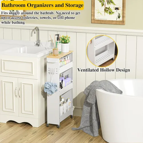 Vista 8 de OKZEST Carrito de almacenamiento delgado de 4 niveles, organizador de baño y carrito de almacenamiento, estante de organización de cocina