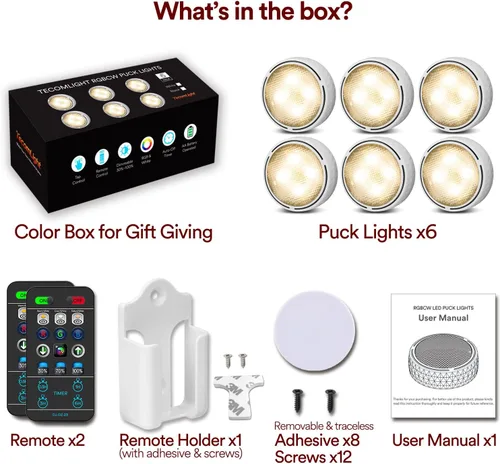 Vista 6 de TECOMLIGHT Luces de disco con control remoto, iluminación inalámbrica para debajo del gabinete, funciona con pilas, luces de empuje para cocina