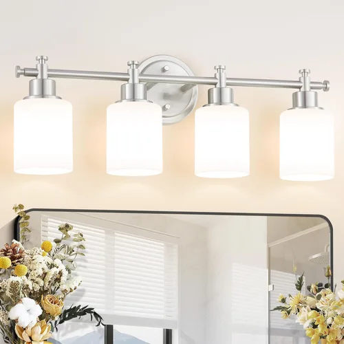 Vista 14 de Lámparas de baño negras de 3 luces, modernas luces de tocador sobre el espejo, apliques de pared de baño con pantalla de vidrio blanco, enchufe E26