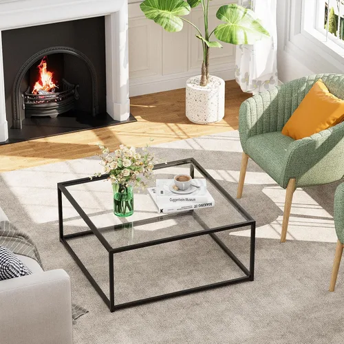 Vista 7 de Mesa de Café de Vidrio Negro para Sala de Estar, Mesas de Café Cuadradas para Espacios Pequeños, Mesas Centro Modernas de Té y Cóctel Simples, Mesas