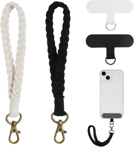 Vista 8 de Jspupifip 2 piezas de correa de muñeca para teléfono estilo macramé boho, linda cuerda para teléfono celular con pestaña de anclaje, pulsera