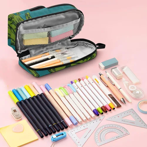 Vista 5 de Estuche para lápices de surf de dinosaurio verde de gran capacidad, con compartimento, organizador de papelería con forma de mochila escolar para G10