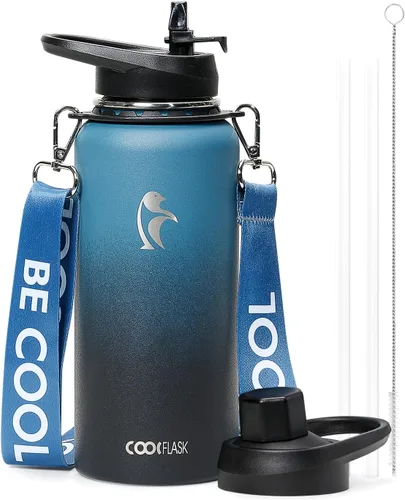 Vista 19 de Botella de agua Coolflask de 40 onzas con correa, botella de agua metálica aislada con popote y tapas con pico, acero inoxidable de doble pared al