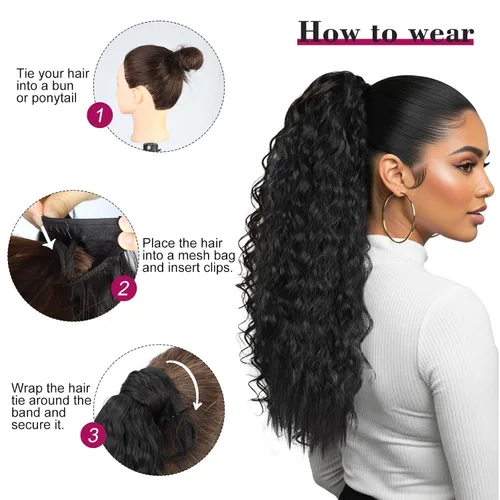 Vista 4 de Extensión de cola de caballo larga con ondas de maíz, pasta mágica, resistente al calor, ondulada, sintética, envolvente, extensión de cola