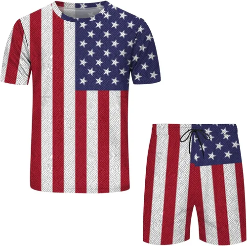 Vista 4 de Traje deportivo casual para hombre, diseño de bandera estadounidense, 2 piezas, conjunto de chándal para el 4 de julio, conjunto de camiseta