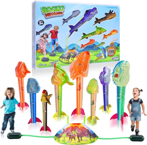 Vista 8 de Gizzjoy Lanzador de cohetes de juguete de dinosaurio para niños, lanza hasta 100 pies, 4 cohetes, juguetes exteriores para niños, juguetes