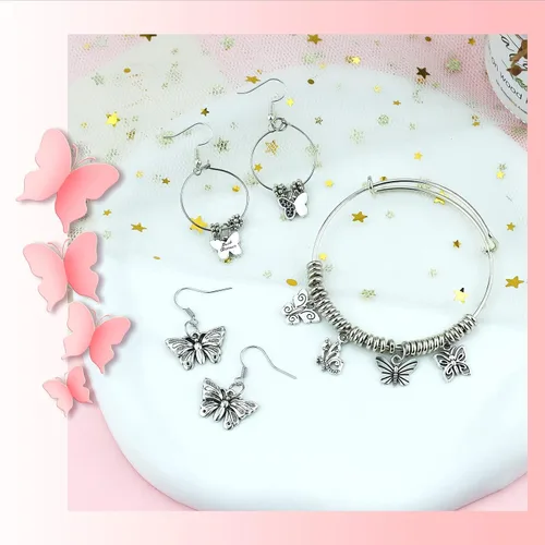 Vista 5 de JIALEEY Dijes de mariposa para hacer joyas y manualidades, 60 dijes de mariposa chapados en plata tibetana, aleación, Aleación.