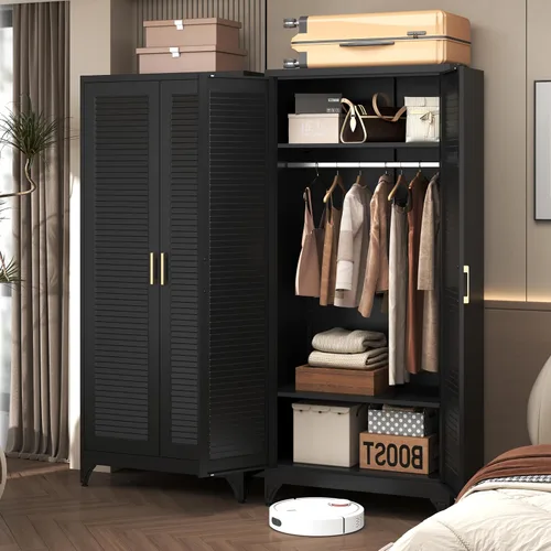 Vista 2 de SteeLoong Armario de metal de 71 pulgadas con barra para colgar, armario con puertas y estantes ajustables, armarios de almacenamiento de ropa negra
