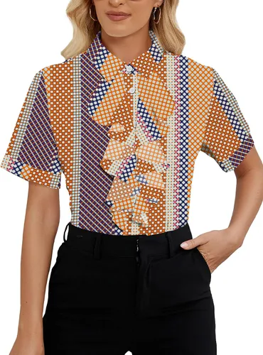 Vista 24 de Vrtige Women's Ruffle Front Collar Neck Button Down Short Sleeve Blouse Shirt Top