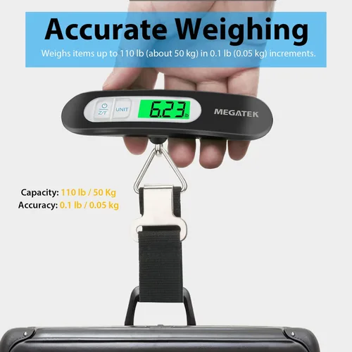 Vista 3 de MEGATEK Báscula digital portátil para equipaje, báscula de pesaje de maleta de viaje de mano con panel de acero inoxidable, pantalla LCD