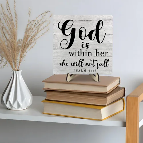 Vista 7 de Letrero de madera inspirador cristiano, versículo de la Biblia, Salmo 46:5, letrero de madera con texto en inglés "God is Within Her, She Will Not