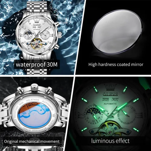 Vista 4 de OLEVS Automatic Watches for Men Luxury Skeleton Multi-Function Mechanical Watch Self Winding Date Waterproof Luminous Mens Watch