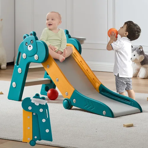 Vista 9 de DOREROOM Toboganes de interior para niños pequeños, plegables de plástico con aro de baloncesto y pelota