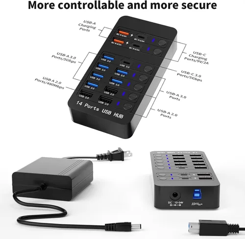 Vista 2 de Concentrador USB con alimentación, divisor USB de 14 puertos (10 puertos de transferencia de datos más rápidos + 4 puertos de carga USB inteligente)