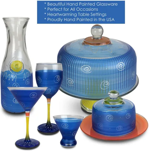Vista 2 de Juego de 2 vasos de Martini pintados a mano, colección azul oscuro del esplendor peruano, cristalería pintada a mano por artistas estadounidenses