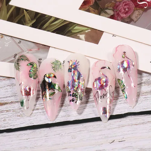 Vista 4 de 8 hojas de calcomanías de arte de uñas de flores de animales, calcomanías autoadhesivas 3D de mariposas, pavo real, suministros de arte de uñas