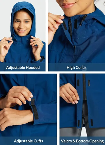Vista 4 de BALEAF Chaqueta impermeable para mujer, impermeable, ligera, larga, para viajes, exteriores, cortavientos con capucha