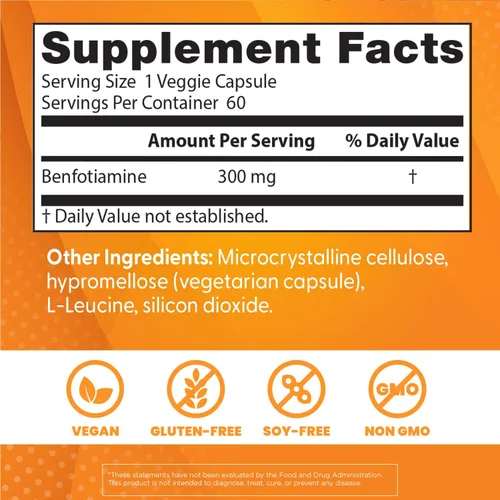 Vista 3 de Doctor's Best Benfotiamine 300 con BenfoPure, ayuda a mantener un metabolismo saludable de la glucosa, sin OMG, vegano, sin gluten, sin soja, 300