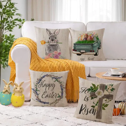 Vista 2 de YeeJu Juego de 4 fundas de almohada de Pascua de 20 x 20 pulgadas, fundas de almohada de primavera de Pascua, huevos de conejo, caza, camión, fundas