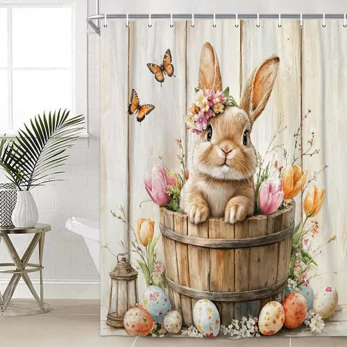 Vista 2 de Wathon Bonita cortina de ducha de conejo de Pascua, juego de decoración de baño con mariposa floral, tela de tela, juego de decoración de baño