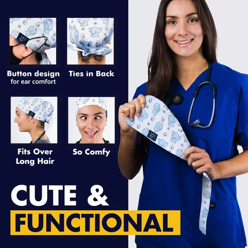 Vista 4 de Dr. Woof Apparel - Gorras quirúrgicas para mujeres y hombres, sombreros lavables, enfermeras, otros trabajadores de la salud, coloridos con botones