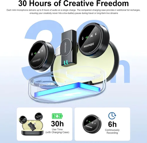 Vista 5 de Micrófono Lavalier inalámbrico para iPhone 17/16/15/14, iPad y Android Amarillo