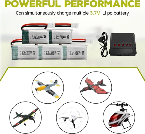 Vista 5 de Batería de litio de 5 unidades de 3.7 V 300 mAh 25C con cargador 5 en 1 para Syma X11 X11C WLToys V911S A120 XK A150 V966 FX801 UDI U830 U816A
