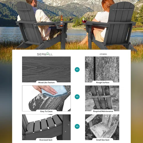 Vista 3 de SERWALL Silla Adirondack plegable, Silla Adirondack HDPE con textura de madera - gris
