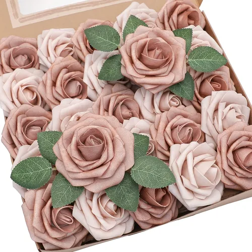 Vista 61 de Floroom Flores artificiales, 25 piezas de rosas falsas de espuma dorada antigua de aspecto real con tallos para ramos de boda DIY, centros de mesa