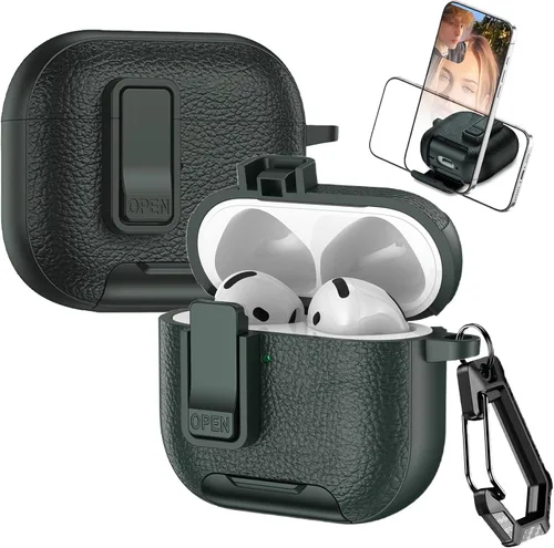 Vista 17 de Funda de cuero con clip de bloqueo para AirPods Pro 2ª/1ª con mosquetón, soporte de carga inalámbrica con soporte, cubierta de protección resistente