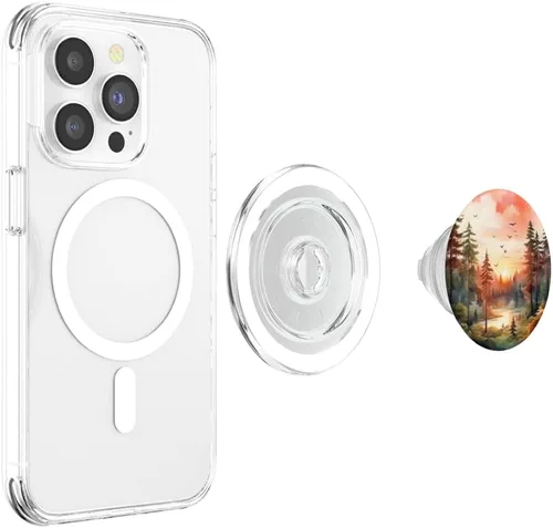 Vista 4 de Sunset Forest Outdoor Pine Tree River Nature PopSockets MagSafe PopGrip para iPhone