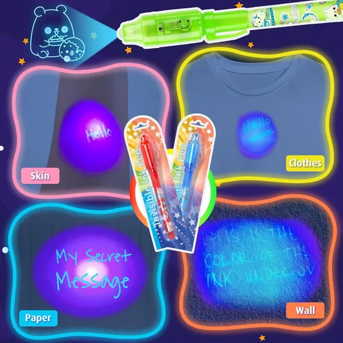 Vista 5 de GIFTINBOX Bolígrafo de tinta invisible con luz UV para niños, 12 bolígrafos espía para fiestas para niños de 8 a 12 años, marcador mágico
