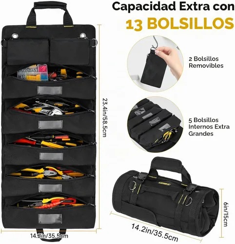 Vista 2 de Bolsa de herramientas, organizador grande de herramientas enrollable, bolsa de almacenamiento de rollo de herramientas de 13 bolsillos, bolsa