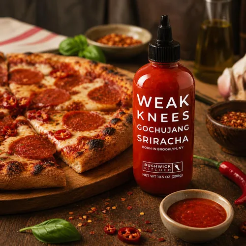 Vista 4 de Salsa Picante Weak Knees Gochujang Sriracha, Infundida con Pasta Gochujang Coreana Audaz y Sriracha Picante Clásica, Hecha en EE.UU., Botella