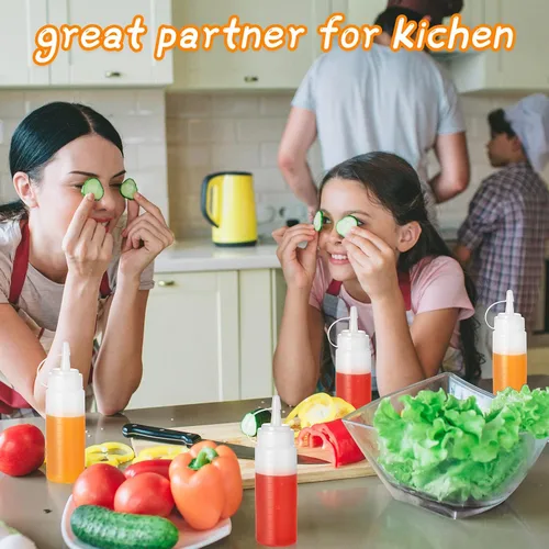 Vista 5 de 60 botellas de plástico de 4 onzas para apretar condimentos, botellas pequeñas para cocinar con tapas giratorias, botellas transparentes de salsa