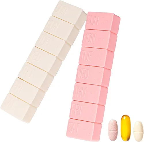 Vista 13 de Paquete de 2 pastilleros semanales, extra grande para 7 días, lindos pastilleros de viaje diario, pastillero para vitaminas, medicina, aceite