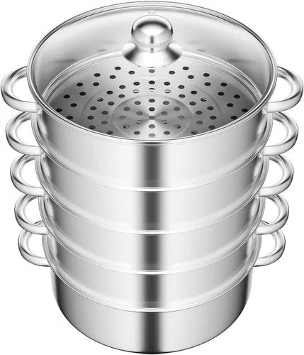 Vista 14 de Vaporizador de acero inoxidable de 5 niveles, olla de vapor apilable de acero inoxidable con tapa de vidrio para cocinar al vapor y cocinar