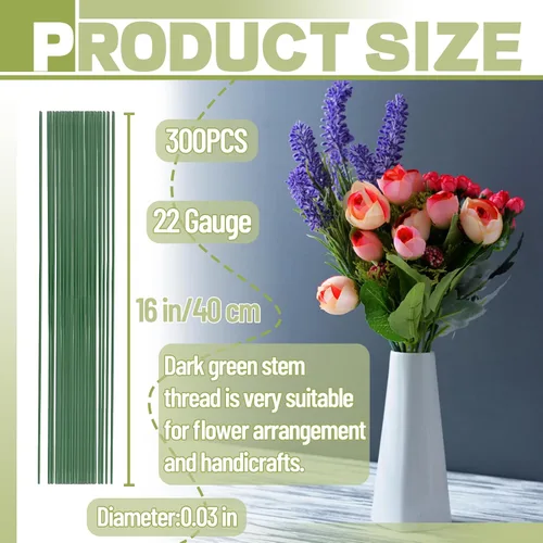 Vista 2 de 200 arreglos florales de alambre de tallo floral de calibre 22 y manualidades, verde oscuro, alambre floral para arreglos florales de 16 pulgadas