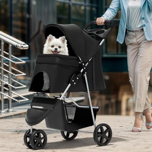 Vista 3 de Magshion Cochecito para mascotas de 3 ruedas, cochecito de viaje plegable para perros y gatos pequeños y medianos (hasta 33 libras), transportador