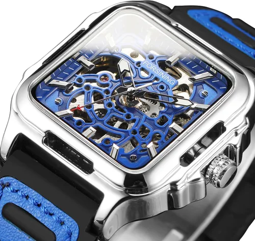 Vista 14 de FORSINING Reloj de pulsera con diseño de esqueleto impermeable para hombre, automático, steampunk, correa de silicona, luminoso cuadrado